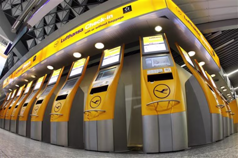 Empty check in terminals in the terminal at the airport of Frankfurt, central Germany, Monday, Feb. 22, 2010, on the first day of a strike of more than 4,000 Lufthansa pilots asking for more money and a job guarantee. (AP Photo/Michael Probst)